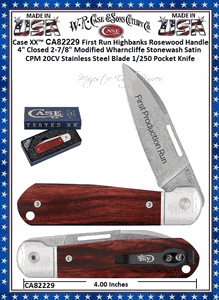 W.R. Case & Sons Cutlery CA82229 Case XX™ First Run Highbanks Rosewood Handle 4" Closed 2-7/8" Modified Wharncliffe Stonewash Satin CPM 20CV Stainless Steel Blade 1/250 Pocket Knife W.R. Case & Sons Cutlery CA82229 Case XX™ First Run Highbanks Rosewood Handle 4" Closed 2-7/8" Modified Wharncliffe Stonewash Satin CPM 20CV Stainless Steel Blade 1/250 Pocket Knife