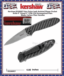 Kershaw Cutlery KS1660CF Ken Onion Leek Assisted Flipper Pocket Knife 4" Closed 3" CPM-154 Stonewashed Plain Blade, Carbon Fiber Handles