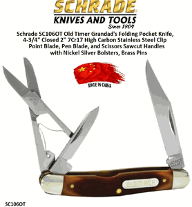 Schrade Knives SC106OT Old Timer Grandad's Folding Pocket Knife, 4-3/4" Closed 2" 7Cr17 High Carbon Stainless Steel Clip Point Blade, Pen Blade, and Scissors Sawcut Handles with Nickel Silver Bolsters, Brass Pins