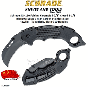 Schrade Knives SCH110 Schrade Folding Karambit 5-7/8" Closed 3-1/8 Black 9Cr18MoV High Carbon Stainless Steel Hawkbill Plain Blade, Black G10 Handles