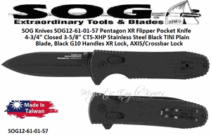 SOG Knives SOG12-61-01-57 Pentagon XR Flipper Pocket Knife 4-3/4" Closed 3-5/8" CTS-XHP Stainless Steel Black TiNi Plain Blade, Black G10 Handles XR Lock, AXIS/Crossbar Lock 
