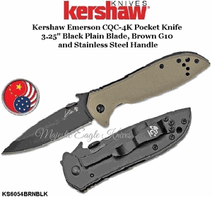  Kershaw KS6054BRNBLK  Kershaw Emerson CQC-4K Pocket Knife 3.25" Black Plain Blade, Brown G10 and Stainless Steel Handle