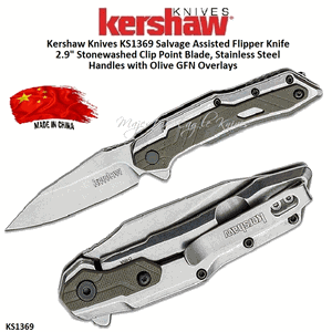 Kershaw Knives KS1369 Salvage Assisted Flipper Pocket Knife 2.9" Stonewashed Clip Point Plain Blade, Stainless Steel Handles with Olive GFN Overlays
