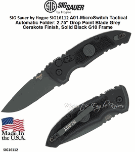 SIG Sauer by Hogue SIG16112 A01-MicroSwitch Tactical Automatic Folder 2.75" Drop Point Blade Grey Cerakote Finish, Solid Black G10 Frame 