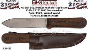  KA-BAR BK62 Becker Kephart Fixed Blade Knife 5.125" 1095 Stonewashed Spear Point, Walnut Wood Handles, Leather Sheath