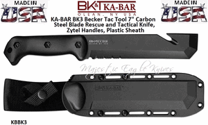 KA-BAR BK3 Becker Tac Tool 7" 1095 Carbon Steel Plain Blade Rescue and Tactical Knife, Zytel Handles, Molded Plastic Sheath