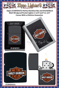 Zippo Windproof Lighter Z218HDH252 Zippo Harley-Davidson Bar and Shield/Black Matt Windproof Pocket Lighter 2-1/4"x1/2"x1-1/2" Comes With a Lifetime Guarantee     