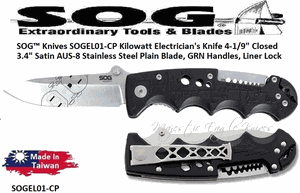 SOG� Knives SOGEL01-CP Kilowatt Electrician's Knife 4-1/9" Closed 3-3/8"  Satin AUS-8 Stainless Steel Plain Blade, GRN Handles, Liner Lock 