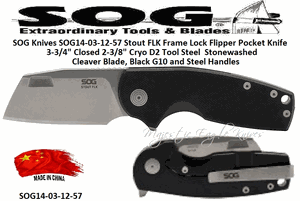 SOG Knives SOG14-03-11-57 Stout FLK Frame Lock Flipper Pocket Knife 3-3/4" Closed 2-3/8" Cryo D2 Tool Steel Stonewashed Cleaver Blade, OD Green G10 and Steel Handles 