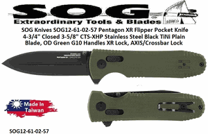 SOG Knives SOG12-61-02-57 Pentagon XR Flipper Pocket Knife 4-3/4" Closed 3-5/8" CTS-XHP Stainless Steel Black TiNi Plain Blade, OD Green G10 Handles XR Lock, AXIS/Crossbar Lock 