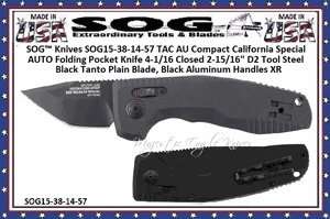 SOG� Knives SOG15-38-14-57 TAC AU Compact California Special AUTO Folding Pocket Knife 4-1/16 Closed 2-15/16" D2 Tool Steel Black Tanto Plain Blade, Black Aluminum Handles XR Lock 
