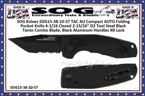 SOG Knives SOG15-38-10-57 TAC AU Compact AUTO Folding Pocket Knife 4-1/16 Closed 2-15/16" D2 Tool Steel Black Tanto Combo Blade, Black Aluminum Handles XR Lock 