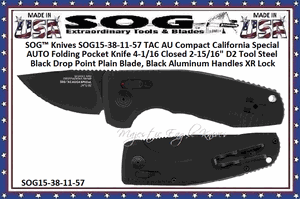 SOG� Knives SOG15-38-11-57 TAC AU Compact California Special AUTO Folding Pocket Knife 4-1/16 Closed 2-15/16" D2 Tool Steel Black Drop Point Plain Blade, Black Aluminum Handles XR Lock 