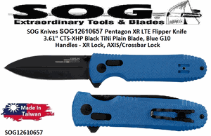 SOG Knives SOG Knives SOG12-61-06-57 Pentagon XR LTE Flipper Knife 3.61" CTS-XHP Black TiNi Plain Blade, Blue G10 Handles - XR Lock, AXIS/Crossbar Lock