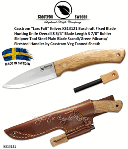 Casstrom "Lars Falt" Knives KS13121 Buschraft Fixed Blade Hunting Knife Scandi/Oak/Firesteel Handles Veg Tanned Sheath w/Matching Firesteel