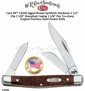 W.R. Case & Sons Cutlery CA106 Case XX� Jigged Brown Synthetic Handle Stockman 2 1/2" Clip 1 5/8" Sheepfoot Coping 1 5/8" Pen Plain Blade Tru-Sharp Surgical Stainless Steel Pocket Knife 