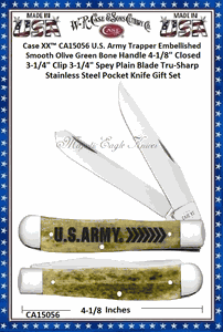 W.R. Case & Sons Cutlery CA15056 Case XX� U.S. Army Trapper Embellished Smooth Olive Green Bone Handle 4-1/8" Closed 3-1/4" Clip 3-1/4" Spey Plain Blade Tru-Sharp Stainless Steel Pocket Knife Gift Set