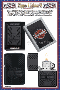 Zippo Windproof Lighter Z49174 Zippo Harley Davidson Bar and Shield Logo, Color Imaged Onto a Black Matte Windproof Pocket Lighter 2-1/4"x1/2"x1-1/2" Comes With a Lifetime Guarantee 