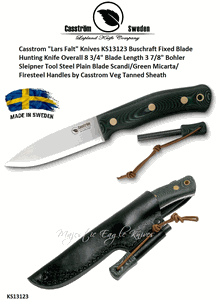 Casstrom "Lars Falt" Knives KS13123 Buschraft Fixed Blade Hunting Knife Scandi/Green Micarta/Firesteel Handles Veg Tanned Sheath