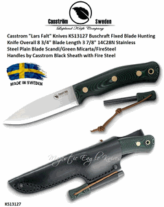 Casstrom "Lars Falt" Knives KS13127 Buschraft Fixed Blade Hunting Knife Scandi/Green Micarta/FireSteel Handles Black Sheath with Fire Steel