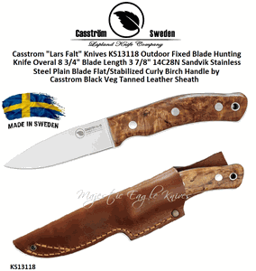 Casstrom "Lars Falt" Knives KS13118 Outdoor Fixed Blade Hunting Knife Flat/Stabilized Curly Birch Handle Black Veg Tanned Leather Sheath