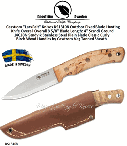 Casstrom "Lars Falt" Knives KS13108 Outdoor Fixed Blade Hunting Knife  Classic Curly Birch Wood Handles Veg Tanned Sheath