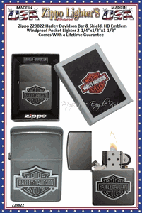 Zippo Windproof Lighter Z29822 Zippo Harley Davidson Bar & Shield, HD Emblem Windproof Pocket Lighter 2-1/4"x1/2"x1-1/2" Comes With a Lifetime Guarantee  