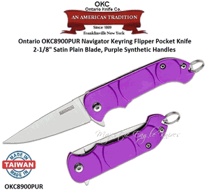 Ontario Knife Company OKC8900PUR Ontario Navigator Key-ring Flipper Knife 2-1/4" Satin Stainless Steel Plain Blade, Purple Synthetic Handles 