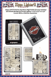 Zippo Windproof Lighter Z29779 Zippo Harley Davidson High Polish Chrome Gold Bar and Shield Windproof Pocket Lighter 2-1/4"x1/2"x1-1/2" Comes With a Lifetime Guarantee 