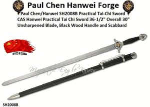CAS Hanwei SH2008B Practical Tai Chi Sword 36-1/2" Overall  30" Unsharpened Blade, Black Wood Handle and Scabbard by Paul Chen