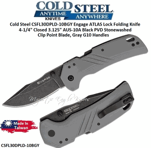 Cold Steel CSFL30DPLD-10BGY Engage ATLAS Lock Folding Knife 4-1/4" Closed 3.125" AUS-10A Black PVD Stonewashed Clip Point Blade, Gray G10 Handles  