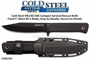 Cold Steel CS49LCKD SRK Compact Survival Rescue Knife 9-1/2" Overall Fixed 5" Black SK-5 Plain Blade, Kray-Ex Handle, Secure-Ex Sheath