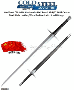 Cold Steel CS88HNH Hand-and-a-Half Sword 42.625" Overall Length 33-1/2" 1055 Carbon Steel Blade Leather/Wood Scabbard with Steel Fittings 