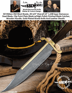 United Cutlery Presents Gil Hibben GH5013D Old West Bowie, 20-1/2" Overall 14" 1,248 layer Damascus Steel Blade, Clip Point Plain Blade w/High-Polish Finished Blade Catcher, Wooden Handle, Gold-Plated Bowie Knife And Leather Sheath 