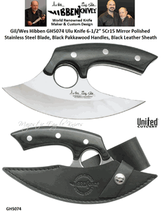 United Cutlery Presents Gil/Wes Hibben GH5074 Ulu Knife 6-1/2� 5Cr15 Mirror Polished Stainless Steel Blade, Black Pakkawood Handles, Black Leather Sheath 