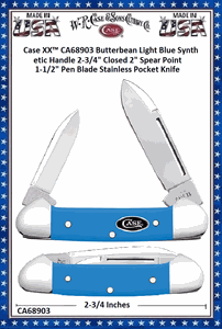 W.R. Case & Sons Cutlery CA68903 Case XX� Butterbean Light Blue Synthetic Handle 2-3/4" Closed 2" Spear Point 1-1/2" Pen Blade Stainless Pocket Knife 