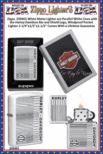 Zippo Windproof Lighter Z49465 Zippo White Matte Lighter are Parallel White Lines with the Harley Davidson Bar and Shield Logo, Windproof Pocket Lighter 2-1/4"x1/2"x1-1/2" Comes With a Lifetime Guarantee 