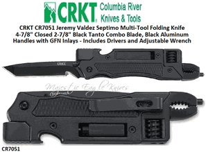 Columbia River Knife and Tool: CR7051 CRKT Jeremy Valdez Septimo Multi-Tool Folding Knife 4​-7/8" Closed 2-7/8" Black Tanto Combo Blade, Black Aluminum Handles with GFN Inlays - Includes Drivers and Adjustable Wrench