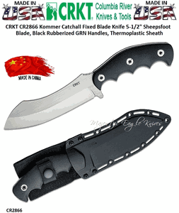 Columbia River Knives CR2866 CRKT Kommer Catchall Fixed Blade Knife 5-1/2" Sheepsfoot Blade, Black Rubberized GRN Handles, Thermoplastic Sheath