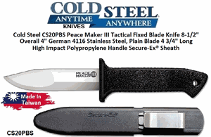 Cold Steel CS20PBS PeaceMaker III Tactical Fixed Blade Knife 8-1/2" Overall 4" German 4116 Stainless Steel, Plain Blade 4 3/4" Long High Impact Polypropylene Handle Secure-Ex� Sheath