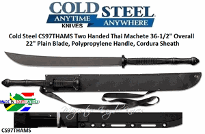 Cold Steel CS97THAMS Two Handed Thai Machete 36-1/2" Overall 22" Plain Blade, Polypropylene Handle, Cordura Sheath