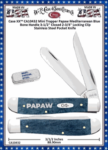Case XX� W.R. Case & Sons Cutlery CA10432 CASE XX Mini Trapper Papaw Mediterranean Blue Bone Handle 3-1/2" Closed 2-3/4" Locking Clip Stainless Steel Pocket Knife