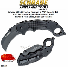 Schrade Knives SCH110 Schrade Folding Karambit 5-7/8" Closed 3-1/8 Black 9Cr18MoV High Carbon Stainless Steel Hawkbill Plain Blade, Black G10 Handles