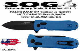 SOG Knives SOG Knives SOG12-61-06-57 Pentagon XR LTE Flipper Knife 3.61" CTS-XHP Black TiNi Plain Blade, Blue G10 Handles - XR Lock, AXIS/Crossbar Lock