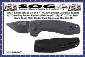 SOG� Knives SOG15-38-14-57 TAC AU Compact California Special AUTO Folding Pocket Knife 4-1/16 Closed 2-15/16" D2 Tool Steel Black Tanto Plain Blade, Black Aluminum Handles XR Lock 