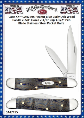 W.R. Case & Sons Cutlery CA47495 Case XX� Peanut Blue Curly Oak Wood Handle 2-7/8" Closed 2-1/8" Clip 1-1/2" Pen Blade Stainless Steel Pocket Knife