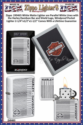 Zippo Windproof Lighter Z49465 Zippo White Matte Lighter are Parallel White Lines with the Harley Davidson Bar and Shield Logo, Windproof Pocket Lighter 2-1/4"x1/2"x1-1/2" Comes With a Lifetime Guarantee Zippo Windproof Lighter Z49465 Zippo White Matte Lighter are Parallel White Lines with the Harley Davidson Bar and Shield Logo, Windproof Pocket Lighter 2-1/4"x1/2"x1-1/2" Comes With a Lifetime Guarantee