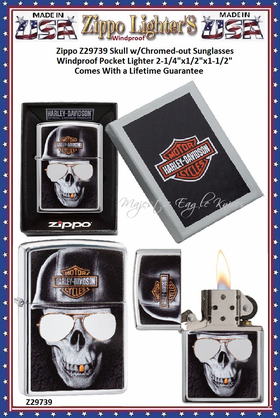 Zippo Windproof Lighter Z29739 Zippo Skull w/Chromed-out Sunglasses Windproof Pocket Lighter 2-1/4"x1/2"x1-1/2" Comes With a Lifetime Guarantee 
