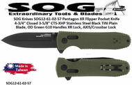 SOG Knives SOG12-61-02-57 Pentagon XR Flipper Pocket Knife 4-3/4" Closed 3-5/8" CTS-XHP Stainless Steel Black TiNi Plain Blade, OD Green G10 Handles XR Lock, AXIS/Crossbar Lock 