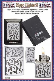 Zippo Windproof Lighter Z28530 Zippo Filigree Design with High Polished Chrome Finish Windproof Pocket Lighter 2-1/4"x1/2"x1-1/2" Comes With a Lifetime Guarantee Zippo Windproof Lighter Z28530 Zippo Filigree Design with High Polished Chrome Finish Windproof Pocket Lighter 2-1/4"x1/2"x1-1/2" Comes With a Lifetime Guarantee